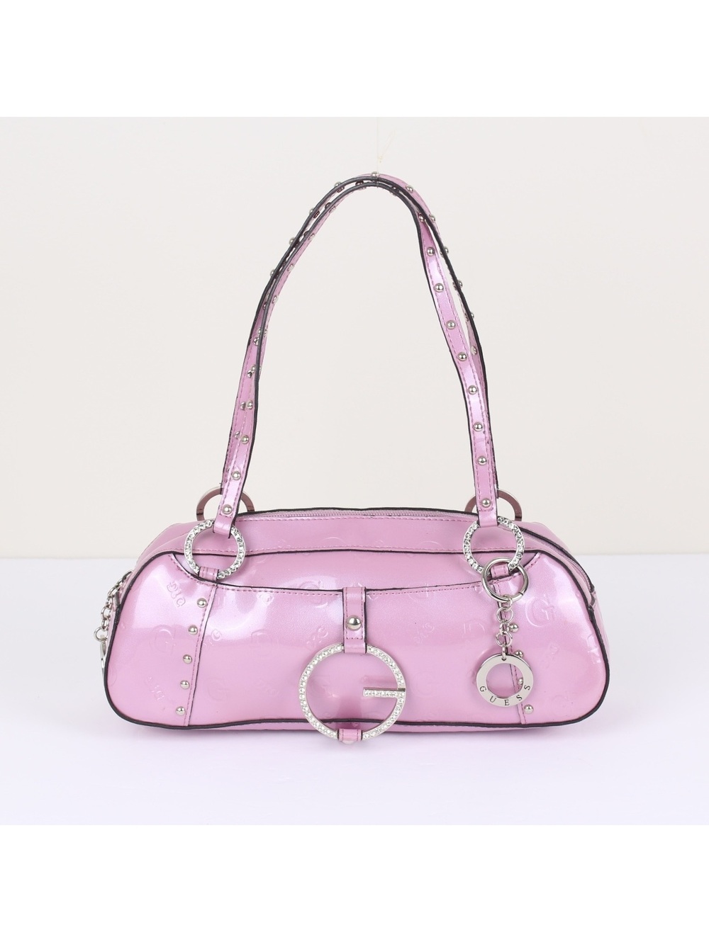 Vintage GUESS Y2K Pink Patent Leather Baguette Shoulder Bag Rhinestone Big G